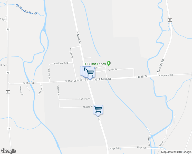 map of restaurants, bars, coffee shops, grocery stores, and more near 25 East Main Street in Earlville