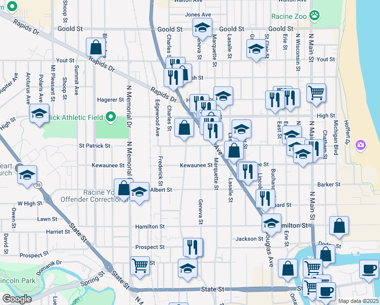 map of restaurants, bars, coffee shops, grocery stores, and more near 1208 Kewaunee Street in Racine