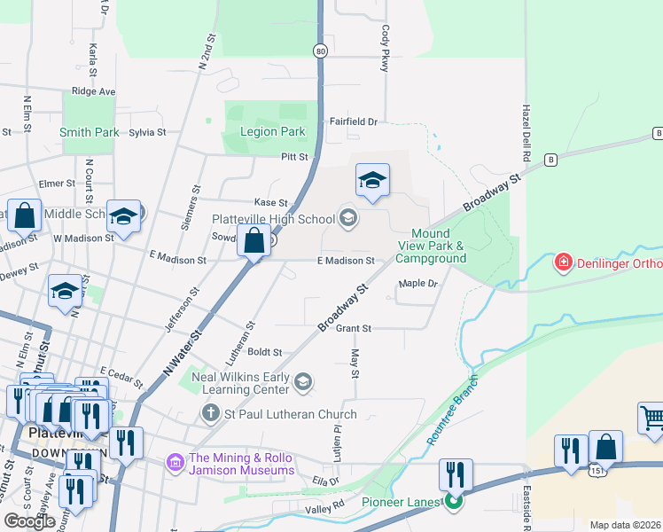 map of restaurants, bars, coffee shops, grocery stores, and more near 710 Broadway Street in Platteville