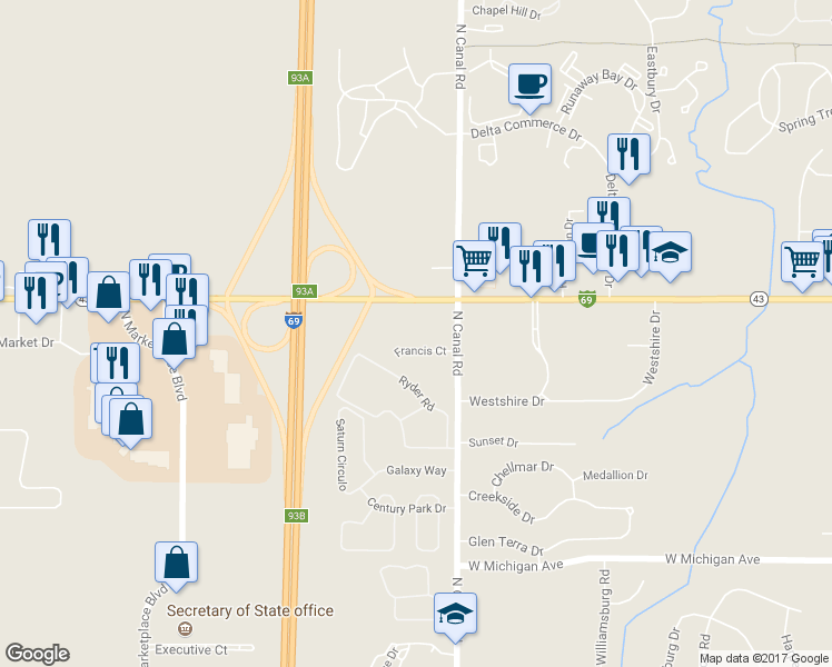 map of restaurants, bars, coffee shops, grocery stores, and more near 7711 West Saginaw Highway in Lansing