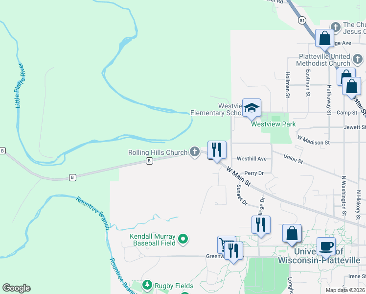 map of restaurants, bars, coffee shops, grocery stores, and more near 1592 County Road B in Platteville