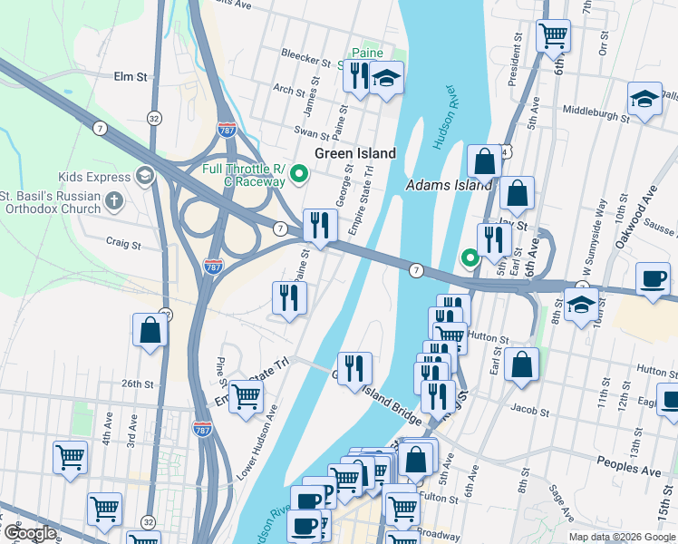 map of restaurants, bars, coffee shops, grocery stores, and more near 17 Hudson Avenue in Troy