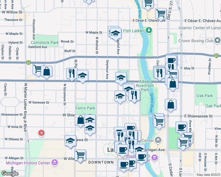 map of restaurants, bars, coffee shops, grocery stores, and more near 518 Seymour Avenue in Lansing