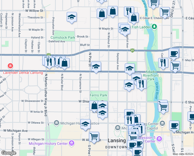 map of restaurants, bars, coffee shops, grocery stores, and more near 526 North Pine Street in Lansing