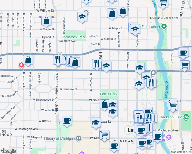 map of restaurants, bars, coffee shops, grocery stores, and more near 526 North Sycamore Street in Lansing
