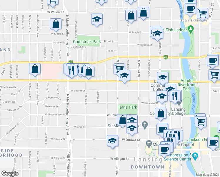 map of restaurants, bars, coffee shops, grocery stores, and more near 526 North Sycamore Street in Lansing