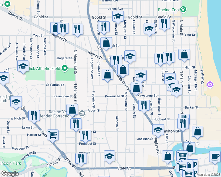 map of restaurants, bars, coffee shops, grocery stores, and more near 1208 Kewaunee Street in Racine