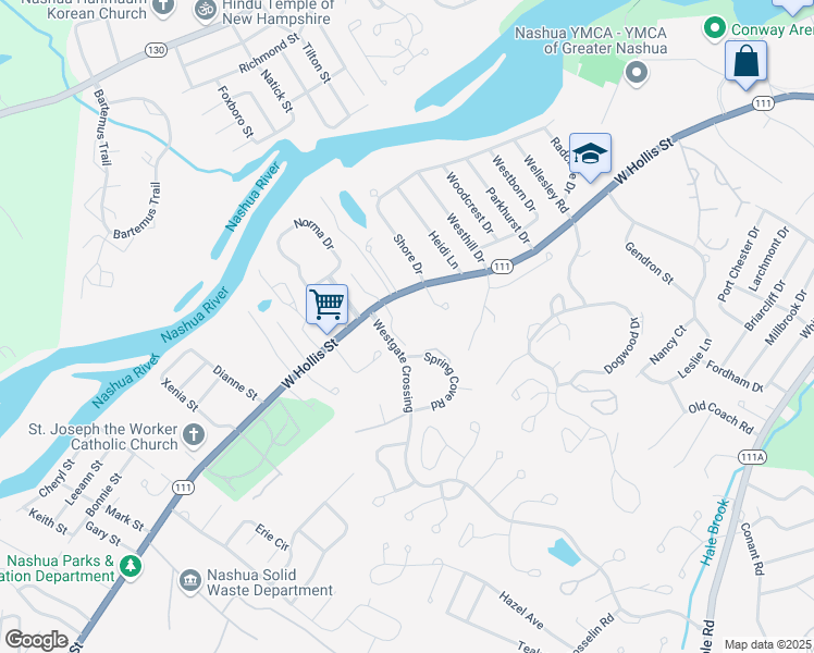 map of restaurants, bars, coffee shops, grocery stores, and more near 674 West Hollis Street in Nashua