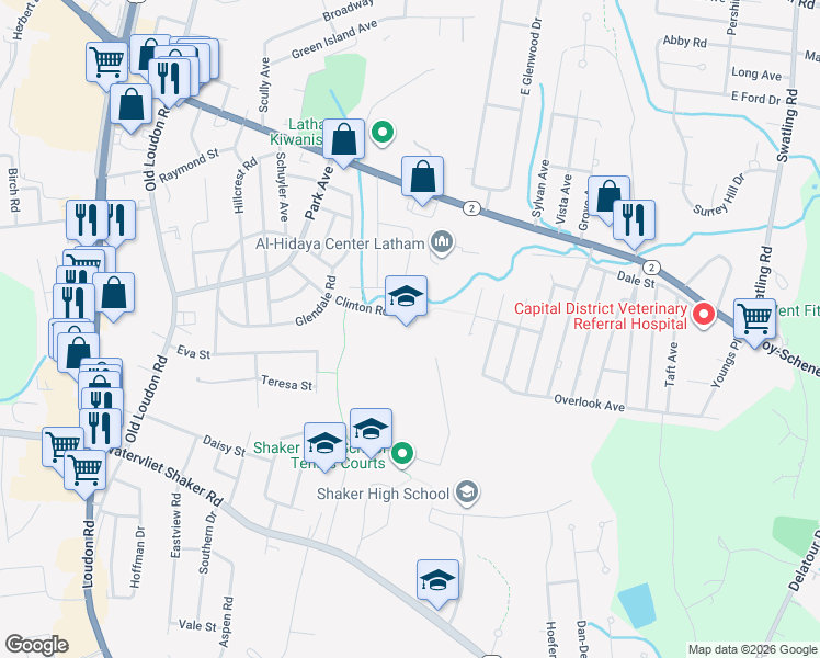 map of restaurants, bars, coffee shops, grocery stores, and more near 100 Clinton Road in Latham