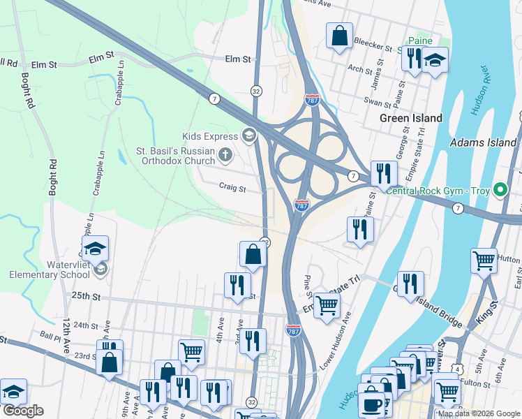map of restaurants, bars, coffee shops, grocery stores, and more near 2755 2nd Avenue in Watervliet