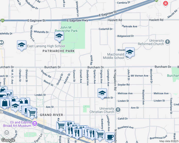 map of restaurants, bars, coffee shops, grocery stores, and more near 643 Spartan Avenue in East Lansing