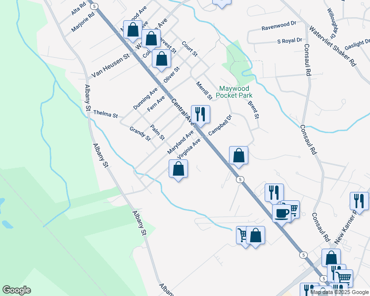map of restaurants, bars, coffee shops, grocery stores, and more near 21 Virginia Avenue in Albany