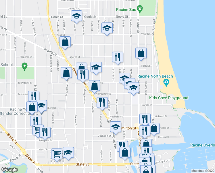 map of restaurants, bars, coffee shops, grocery stores, and more near 1526 Lincoln Street in Racine