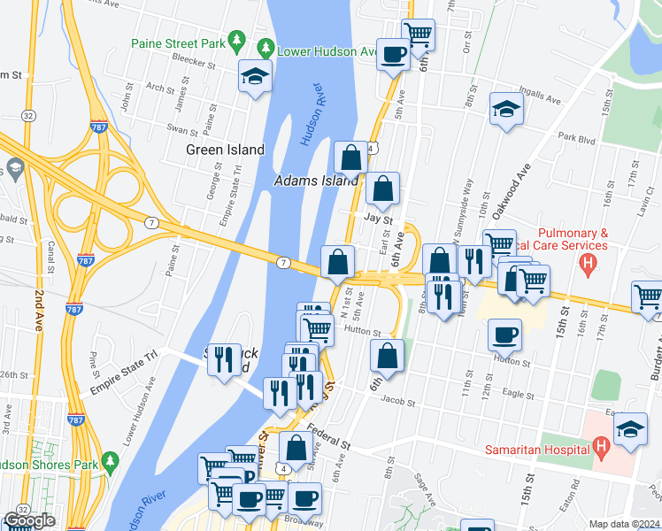 map of restaurants, bars, coffee shops, grocery stores, and more near 535 River Street in Troy