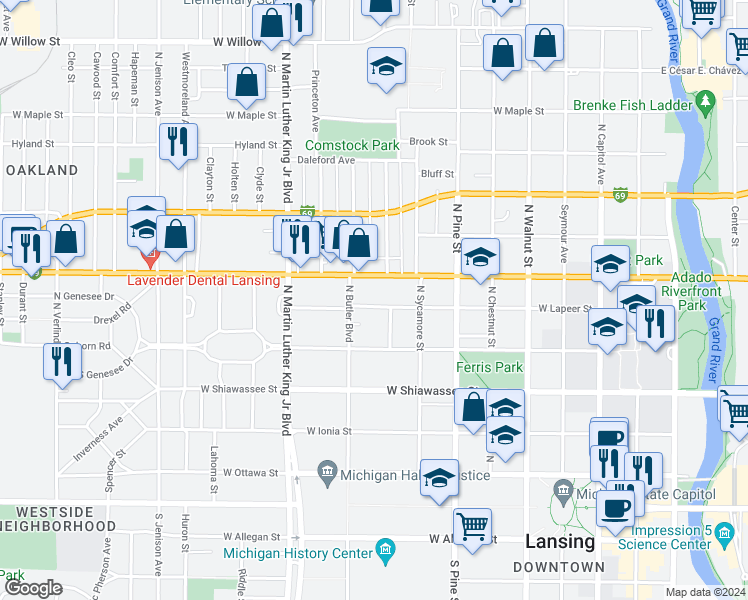 map of restaurants, bars, coffee shops, grocery stores, and more near 802 West Lapeer Street in Lansing