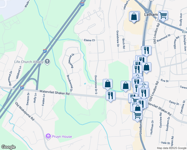 map of restaurants, bars, coffee shops, grocery stores, and more near 22 Doorstone Drive South in Latham