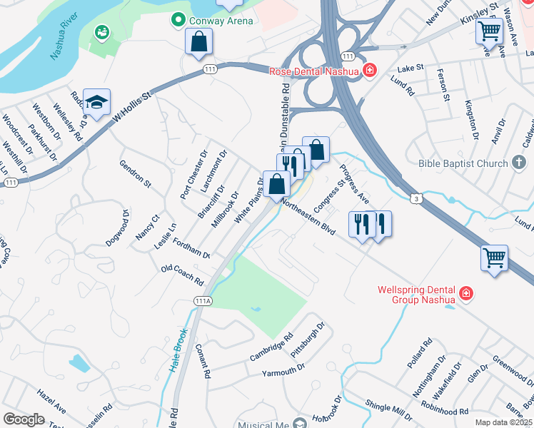 map of restaurants, bars, coffee shops, grocery stores, and more near 282 Main Dunstable Rd in Nashua