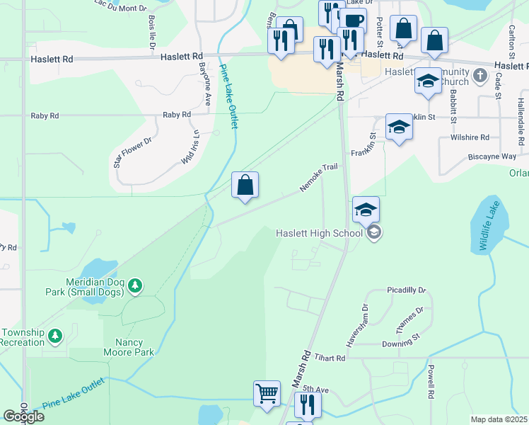 map of restaurants, bars, coffee shops, grocery stores, and more near 1775 Nemoke Trail in Meridian charter Township