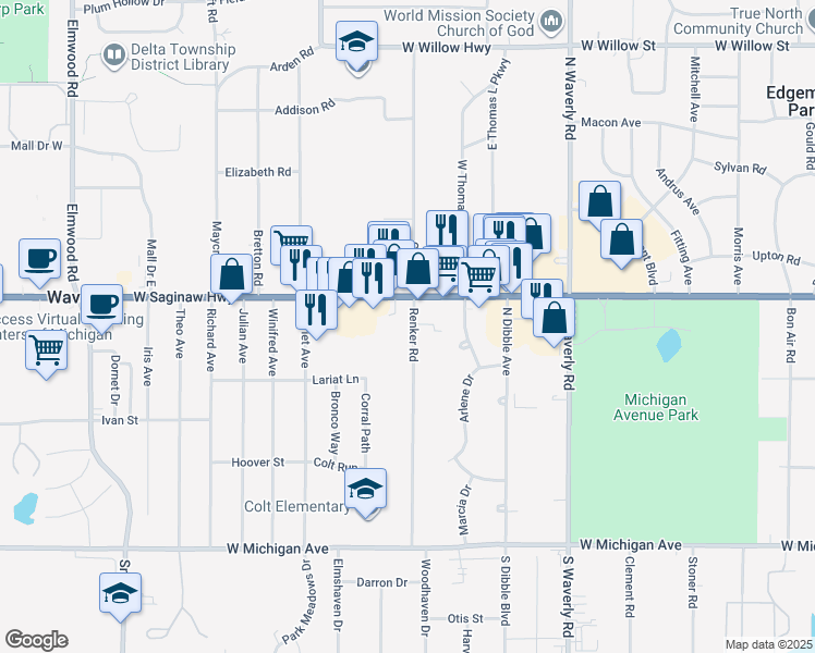 map of restaurants, bars, coffee shops, grocery stores, and more near 635 Renker Road in Lansing