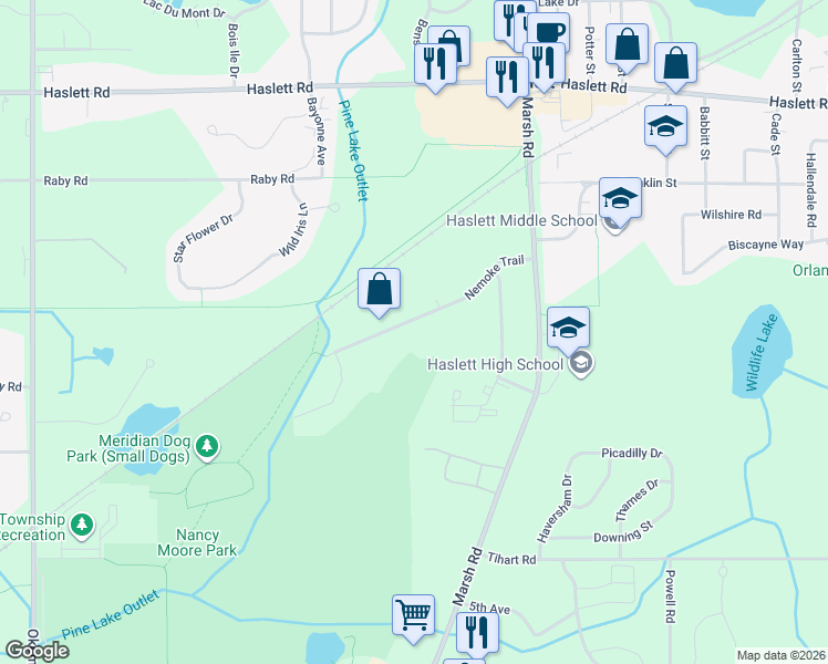 map of restaurants, bars, coffee shops, grocery stores, and more near 1765 Nemoke Trail in Haslett