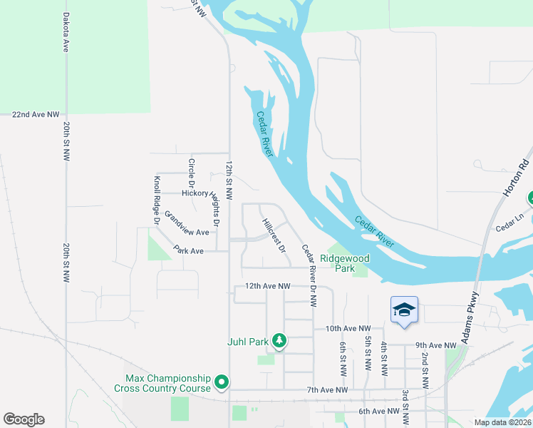 map of restaurants, bars, coffee shops, grocery stores, and more near 1002 Ridgewood Boulevard Northwest in Waverly