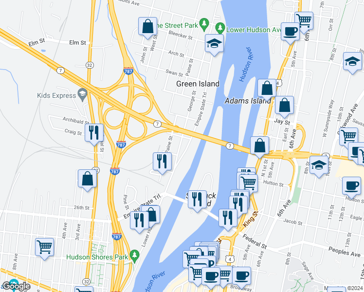 map of restaurants, bars, coffee shops, grocery stores, and more near in Green Island