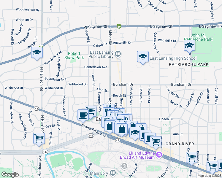map of restaurants, bars, coffee shops, grocery stores, and more near 118 Beech Street in East Lansing