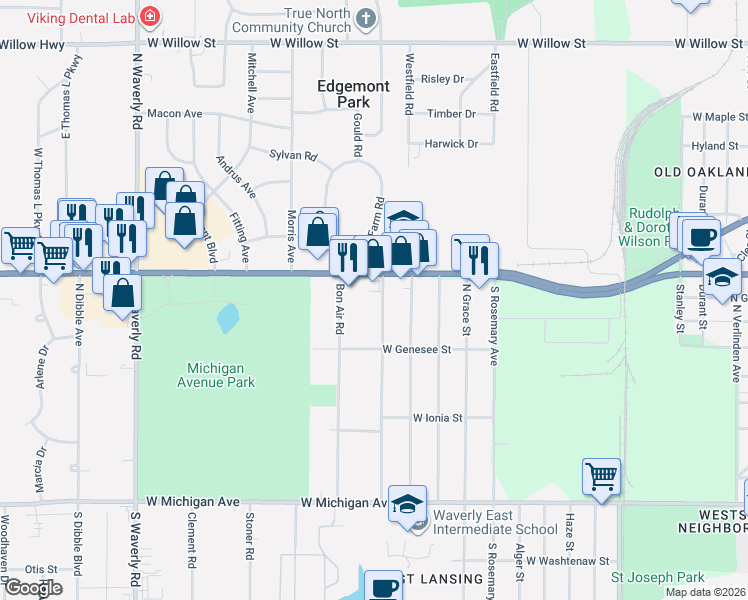 map of restaurants, bars, coffee shops, grocery stores, and more near 521 North Deerfield Avenue in Lansing