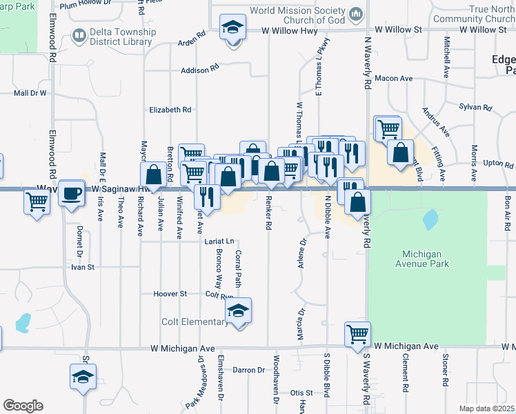 map of restaurants, bars, coffee shops, grocery stores, and more near 520 Renker Road in Lansing