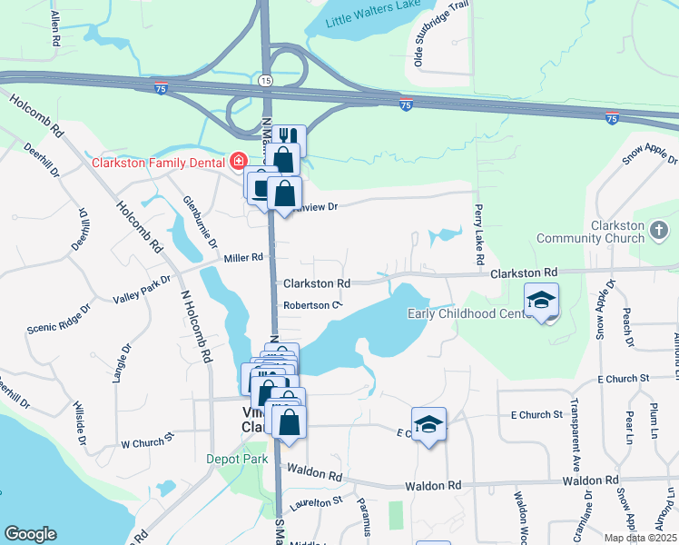 map of restaurants, bars, coffee shops, grocery stores, and more near 46 Clarkston Road in Clarkston