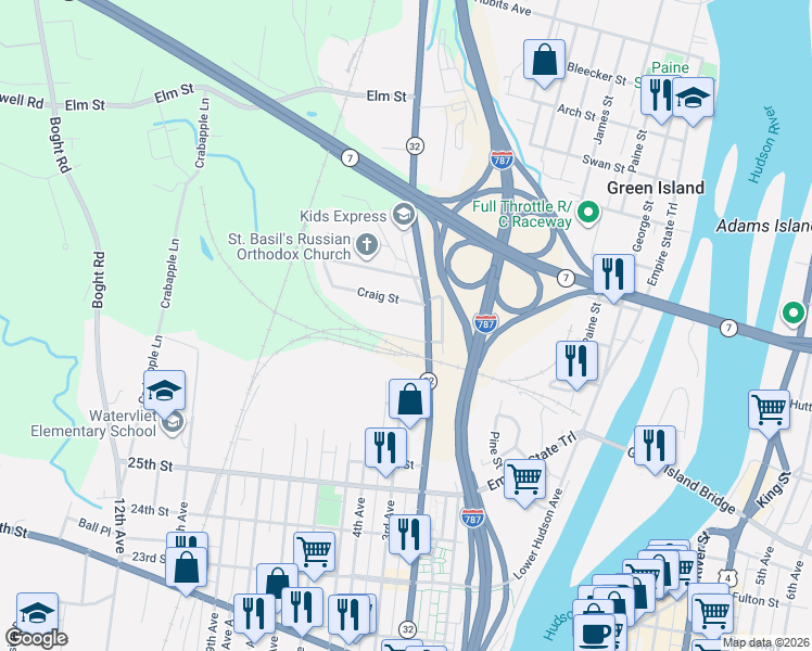 map of restaurants, bars, coffee shops, grocery stores, and more near 2755 2nd Avenue in Watervliet