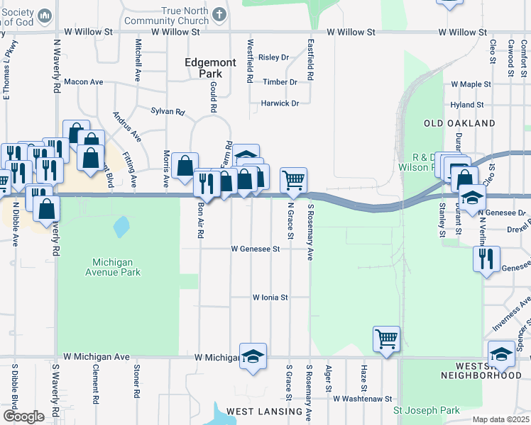 map of restaurants, bars, coffee shops, grocery stores, and more near in Ingham County