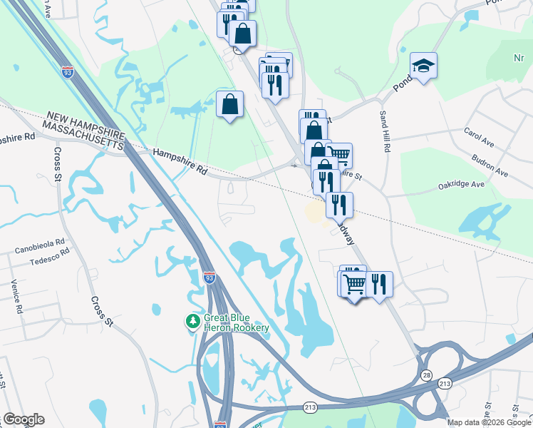 map of restaurants, bars, coffee shops, grocery stores, and more near 1 Hampshire Road in Methuen
