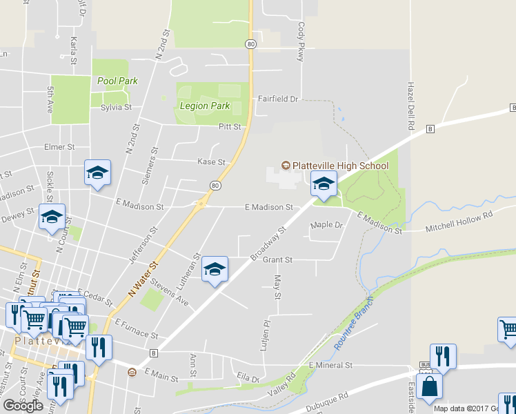 map of restaurants, bars, coffee shops, grocery stores, and more near East Madison Street in Platteville