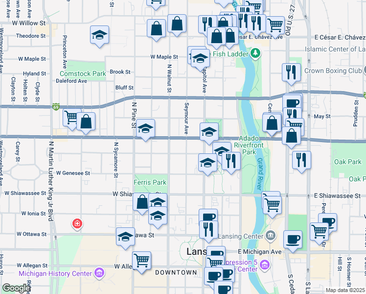 map of restaurants, bars, coffee shops, grocery stores, and more near 607 Seymour Avenue in Lansing