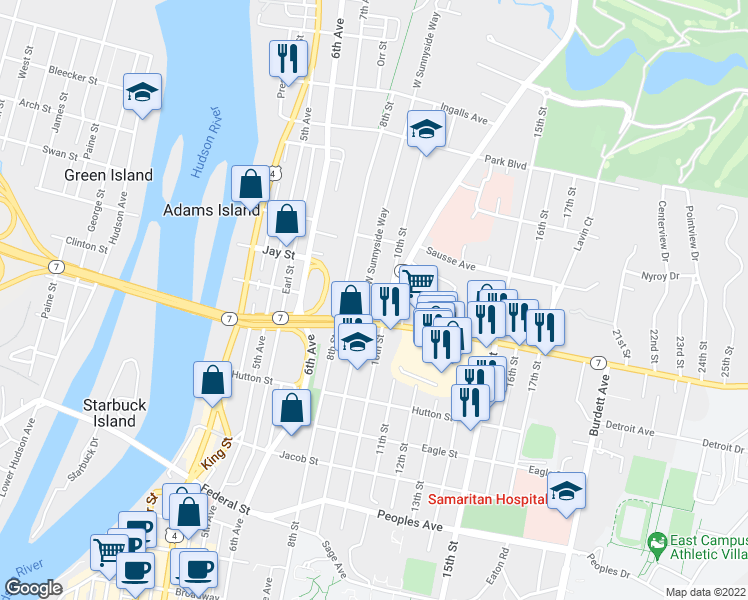 map of restaurants, bars, coffee shops, grocery stores, and more near 268 9th Street in Troy