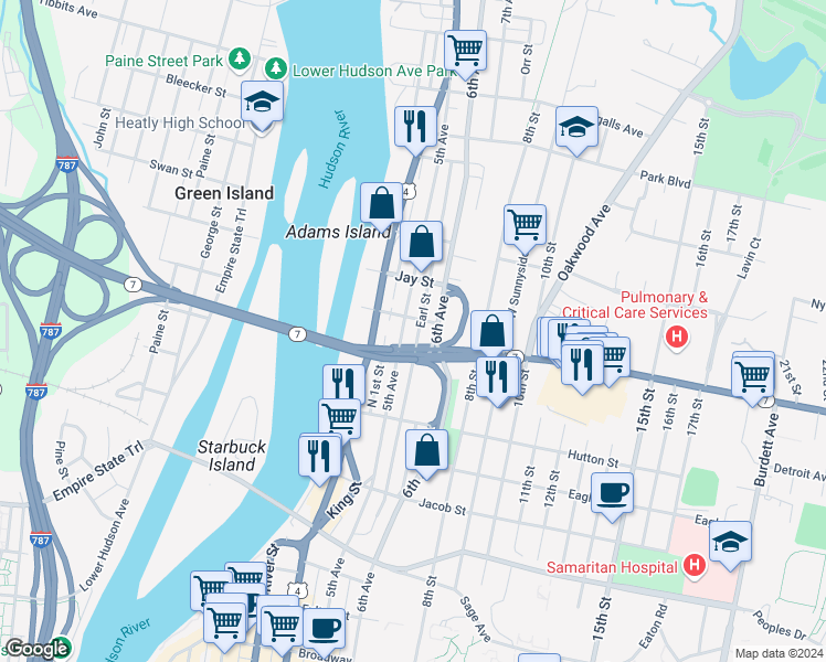 map of restaurants, bars, coffee shops, grocery stores, and more near 2513 5th Avenue in Troy