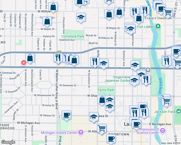 map of restaurants, bars, coffee shops, grocery stores, and more near 620 West Saginaw Street in Lansing