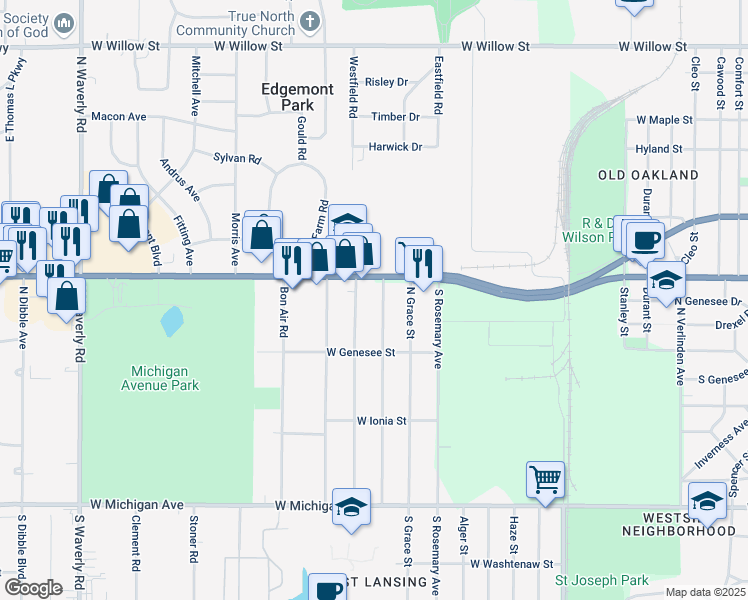 map of restaurants, bars, coffee shops, grocery stores, and more near in Ingham County