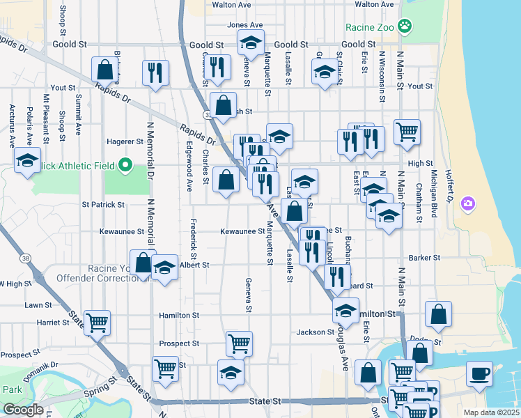 map of restaurants, bars, coffee shops, grocery stores, and more near 1623 Douglas Avenue in Racine