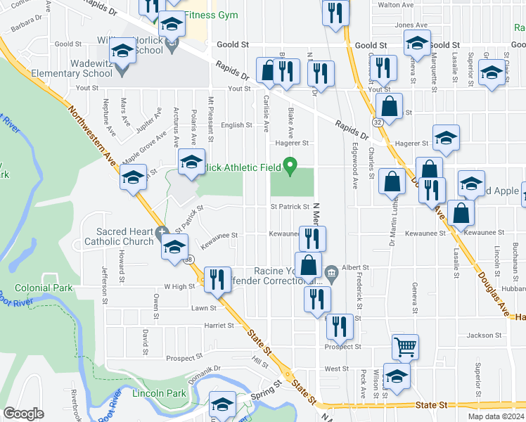 map of restaurants, bars, coffee shops, grocery stores, and more near 1613 Summit Avenue in Racine