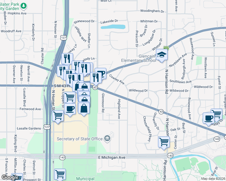 map of restaurants, bars, coffee shops, grocery stores, and more near 752 Touraine Avenue in East Lansing