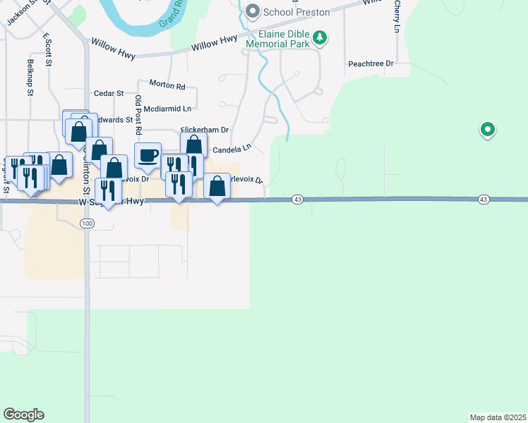 map of restaurants, bars, coffee shops, grocery stores, and more near 1500 West Saginaw Highway in Grand Ledge