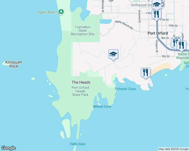 map of restaurants, bars, coffee shops, grocery stores, and more near 263 Port Orford Highway in Port Orford
