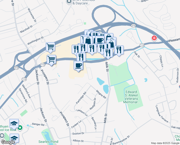 map of restaurants, bars, coffee shops, grocery stores, and more near 83 Pleasant Valley Street in Methuen
