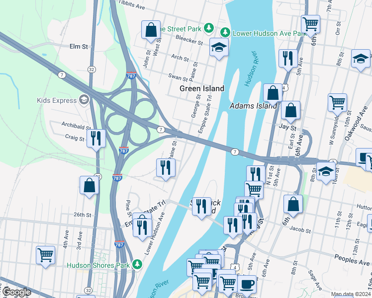map of restaurants, bars, coffee shops, grocery stores, and more near 58 Paine Street in Troy