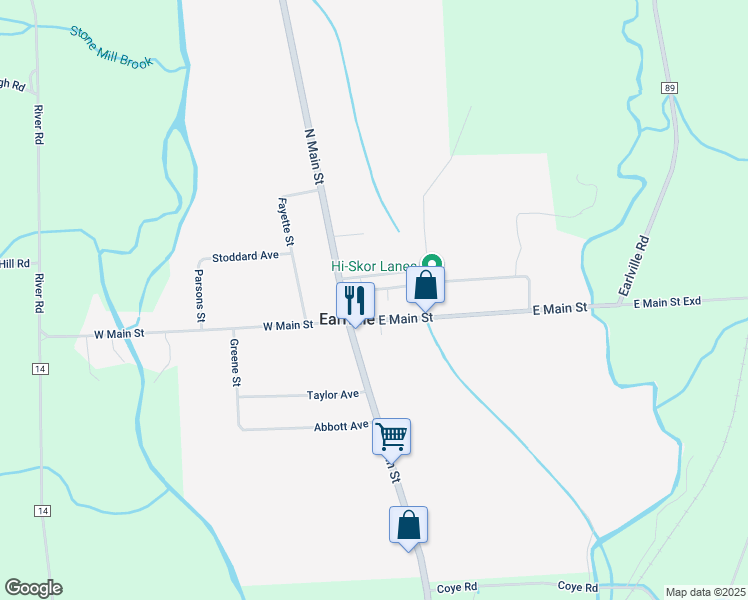 map of restaurants, bars, coffee shops, grocery stores, and more near 1 Clyde Street in Earlville