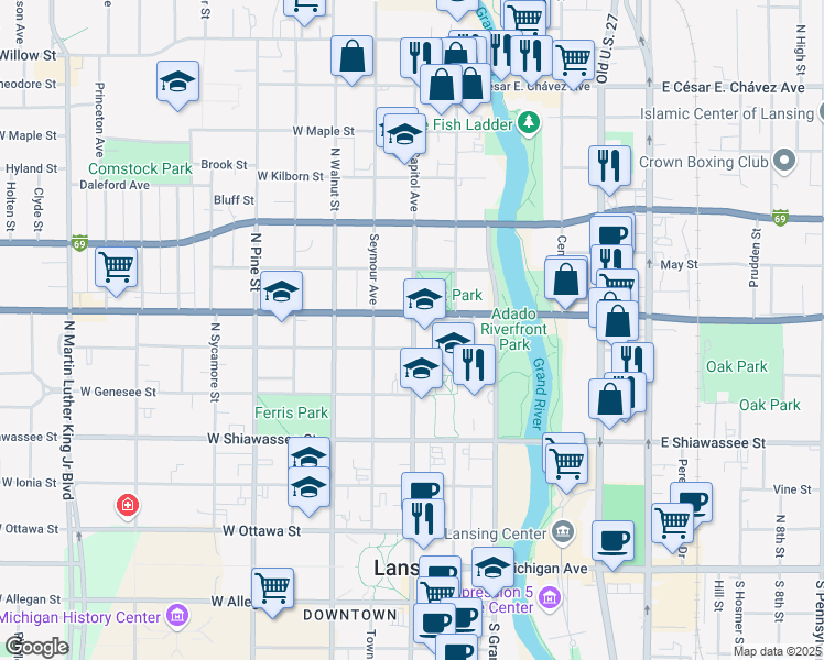 map of restaurants, bars, coffee shops, grocery stores, and more near 198 West Saginaw Street in Lansing