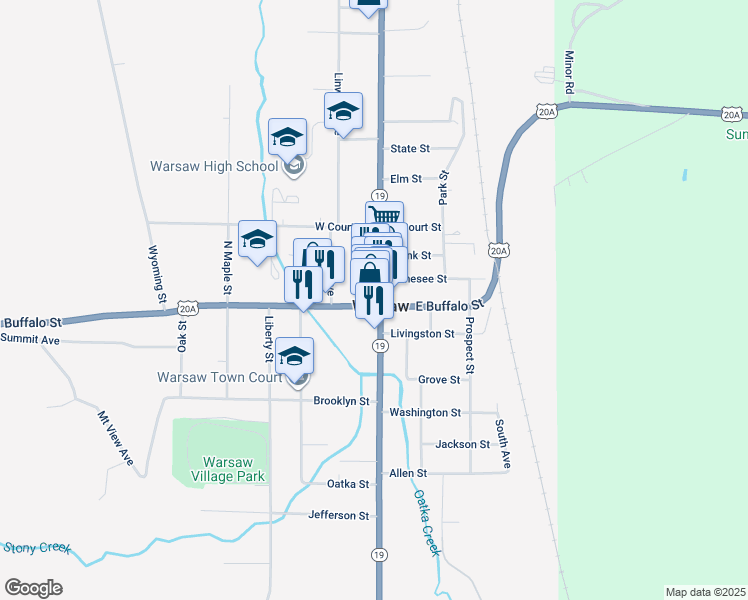 map of restaurants, bars, coffee shops, grocery stores, and more near 5 West Buffalo Street in Warsaw