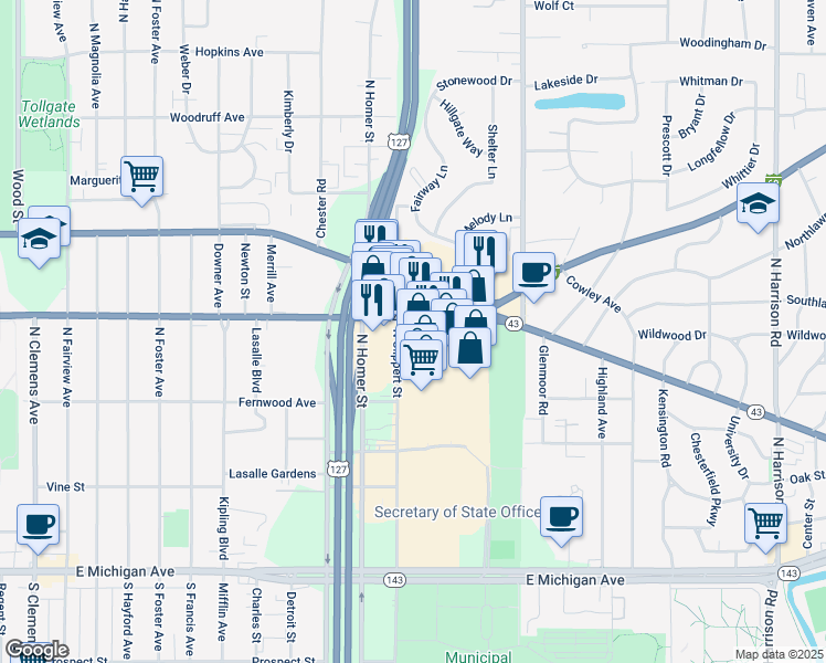 map of restaurants, bars, coffee shops, grocery stores, and more near 3118 East Saginaw Street in Lansing